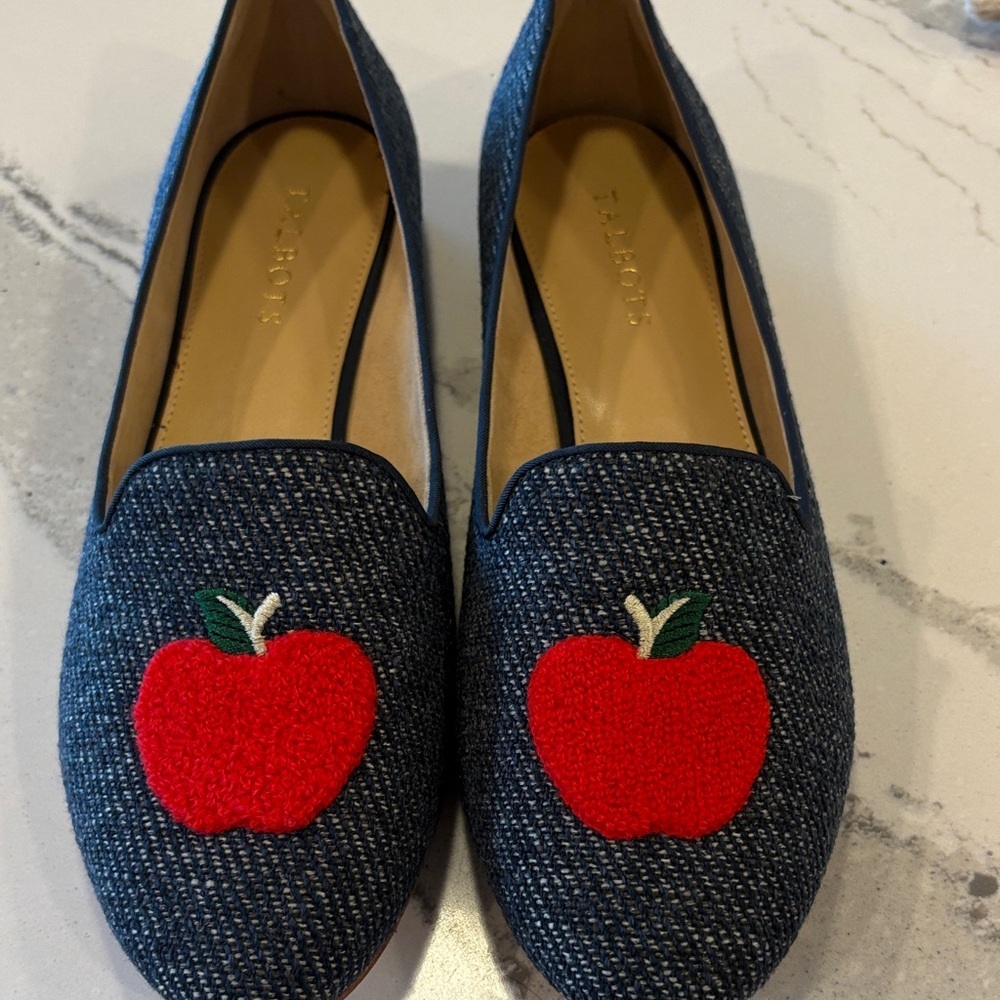 Talbots Blue Loafers with Red Apple Design